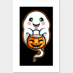 Kawaii Ghost Holding Pumpkin Trick Or Treat Bag Halloween Posters and Art